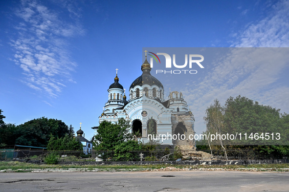 The Church of the Nativity of the Blessed Virgin Mary is lying in ruins after the Russian shelling on July 8 in Novoekonomichne, Donetsk reg...