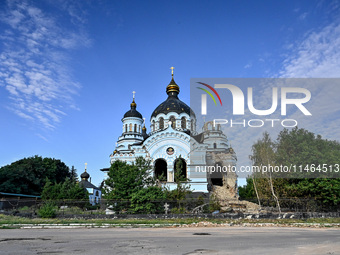 The Church of the Nativity of the Blessed Virgin Mary is lying in ruins after the Russian shelling on July 8 in Novoekonomichne, Donetsk reg...