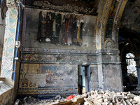 The interior of the Church of the Nativity of the Blessed Virgin Mary is being damaged by the Russian shelling in Novoekonomichne, Ukraine,...