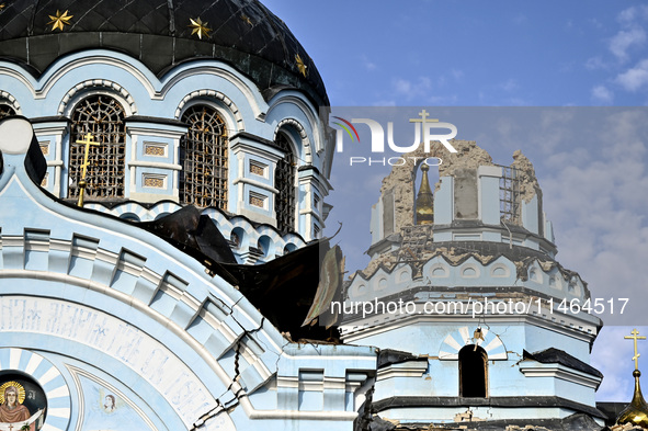 The Church of the Nativity of the Blessed Virgin Mary is lying in ruins after the Russian shelling on July 8 in Novoekonomichne, Donetsk reg...