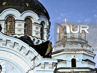 The Church of the Nativity of the Blessed Virgin Mary is lying in ruins after the Russian shelling on July 8 in Novoekonomichne, Donetsk reg...