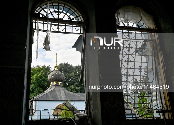 Broken windows are at the Church of the Nativity of the Blessed Virgin Mary, damaged by the Russian shelling on July 8, in Novoekonomichne,...