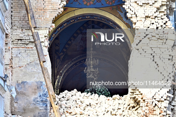 The Church of the Nativity of the Blessed Virgin Mary is lying in ruins after the Russian shelling on July 8 in Novoekonomichne, Donetsk reg...