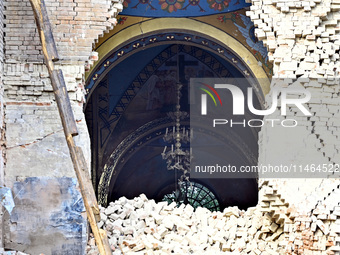 The Church of the Nativity of the Blessed Virgin Mary is lying in ruins after the Russian shelling on July 8 in Novoekonomichne, Donetsk reg...