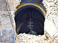 The Church of the Nativity of the Blessed Virgin Mary is lying in ruins after the Russian shelling on July 8 in Novoekonomichne, Donetsk reg...