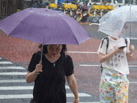 Pedestrians are walking during a rainstorm in Beijing, China, on August 9, 2024. (