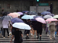 Pedestrians are walking during a rainstorm in Beijing, China, on August 9, 2024. (