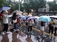 Pedestrians are walking during a rainstorm in Beijing, China, on August 9, 2024. (