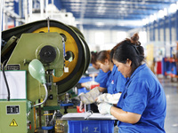 Workers are working at a production workshop of an auto parts company in Suqian, Jiangsu province, China, on August 9, 2024. (