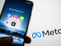 Meta platforms are being displayed on a smartphone screen, and the Meta logo is appearing in the background in Chania, Greece, on August 9,...