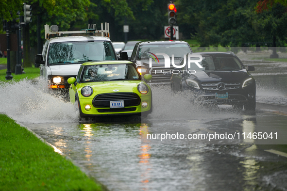 Roads along the Potomac River in Washington, D.C., were flooded due to Tropical Storm Debby on August 9, 2024 