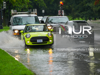 Roads along the Potomac River in Washington, D.C., were flooded due to Tropical Storm Debby on August 9, 2024 (