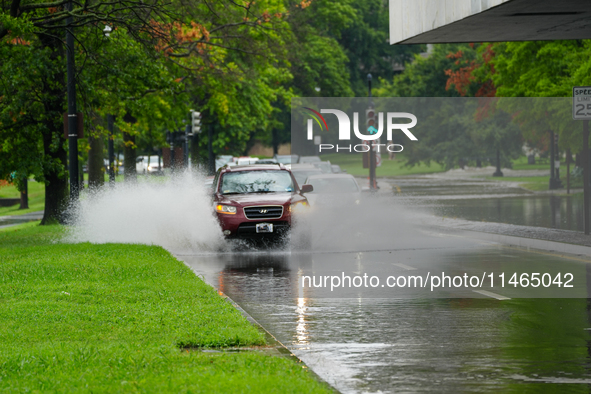 Roads along the Potomac River in Washington, D.C., were flooded due to Tropical Storm Debby on August 9, 2024 