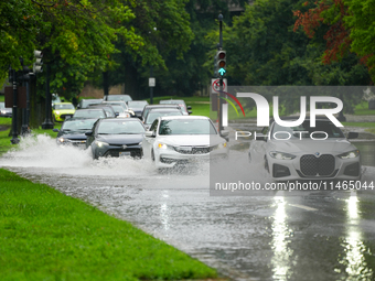 Roads along the Potomac River in Washington, D.C., were flooded due to Tropical Storm Debby on August 9, 2024 (