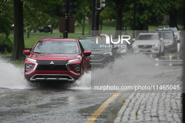 Roads along the Potomac River in Washington, D.C., were flooded due to Tropical Storm Debby on August 9, 2024 