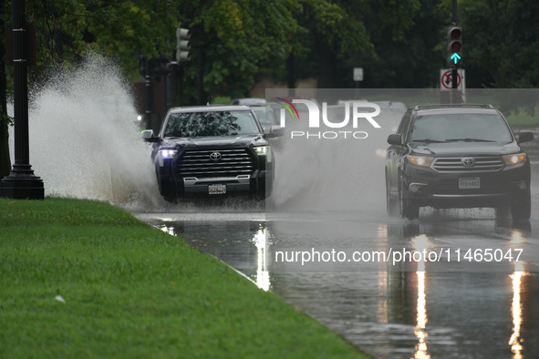 Roads along the Potomac River in Washington, D.C., were flooded due to Tropical Storm Debby on August 9, 2024 