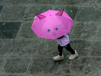 Pedestrians are protecting themselves from the rain in the central region of Sao Paulo, Brazil, on Friday, August 9. (