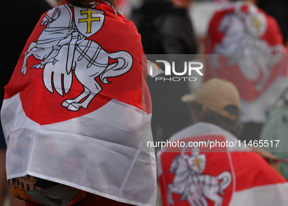 KRAKOW, POLAND - AUGUST 9:
Members of the Belarusian diaspora gather at Krakow's Market Square for the Day of Solidarity with Belarus rally,...