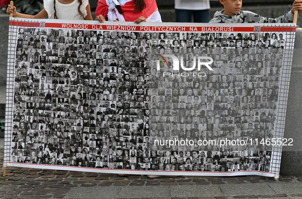 KRAKOW, POLAND - AUGUST 9:
Members of the Belarusian diaspora gather at Krakow's Market Square for the Day of Solidarity with Belarus rally,...