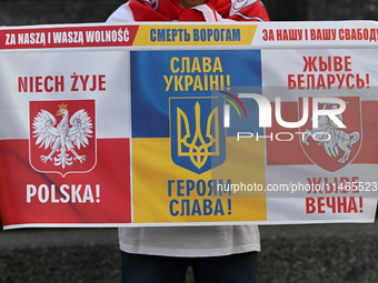 KRAKOW, POLAND - AUGUST 9:
Members of the Belarusian diaspora gather at Krakow's Market Square for the Day of Solidarity with Belarus rally,...