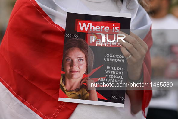 KRAKOW, POLAND - AUGUST 9:
A member of the Belarusian diaspora holds a poster with the inscription 'Where is Palina? Location unknown,' feat...