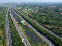 A sub-belt photovoltaic power station is being shown in the G5011 Wuhu-Hefei Expressway test tunnel in Chaohu, China, on August 9, 2024. (