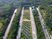 A sub-belt photovoltaic power station is being shown in the G5011 Wuhu-Hefei Expressway test tunnel in Chaohu, China, on August 9, 2024. (