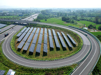 A sub-belt photovoltaic power station is being shown in the G5011 Wuhu-Hefei Expressway test tunnel in Chaohu, China, on August 9, 2024. (