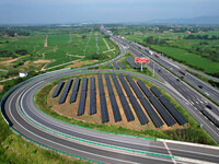 A sub-belt photovoltaic power station is being shown in the G5011 Wuhu-Hefei Expressway test tunnel in Chaohu, China, on August 9, 2024. (