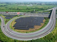 A sub-belt photovoltaic power station is being shown in the G5011 Wuhu-Hefei Expressway test tunnel in Chaohu, China, on August 9, 2024. (