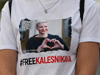 KRAKOW, POLAND - AUGUST 9:
A member of the Belarusian diaspora wears a t-shirt with the inscription 'Free Kalesnikava' featuring a political...