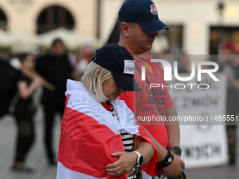 KRAKOW, POLAND - AUGUST 9:
Members of the Belarusian diaspora gather at Krakow's Market Square for the Day of Solidarity with Belarus rally,...