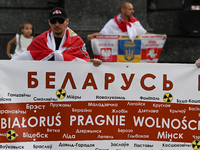 KRAKOW, POLAND - AUGUST 9:
Members of the Belarusian diaspora gather at Krakow's Market Square for the Day of Solidarity with Belarus rally,...