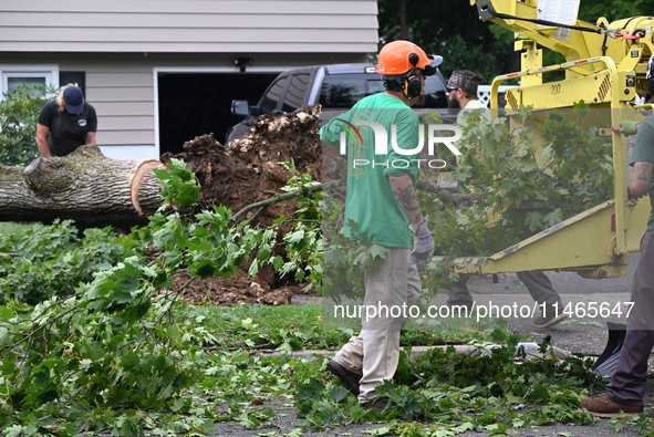 A large tree is uprooting and causing major damage to a home on Wynetta Place during severe weather impacting the northeastern United States...