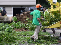 A large tree is uprooting and causing major damage to a home on Wynetta Place during severe weather impacting the northeastern United States...