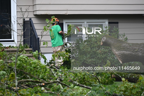 A large tree is uprooting and causing major damage to a home on Wynetta Place during severe weather impacting the northeastern United States...