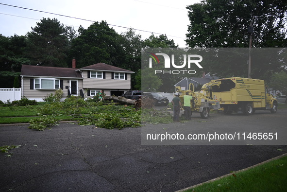 A large tree is uprooting and causing major damage to a home on Wynetta Place during severe weather impacting the northeastern United States...