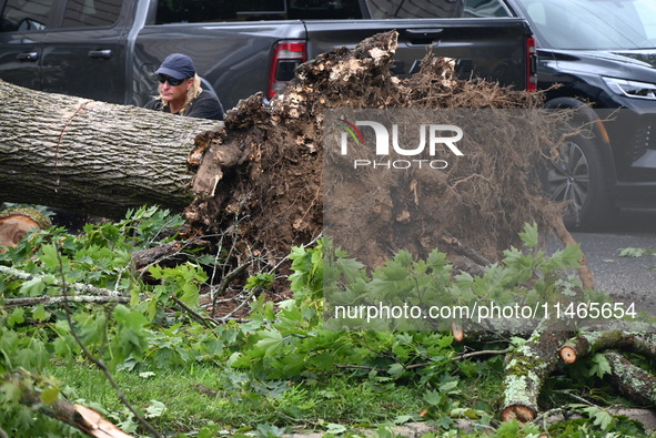 A large tree is uprooting and causing major damage to a home on Wynetta Place during severe weather impacting the northeastern United States...