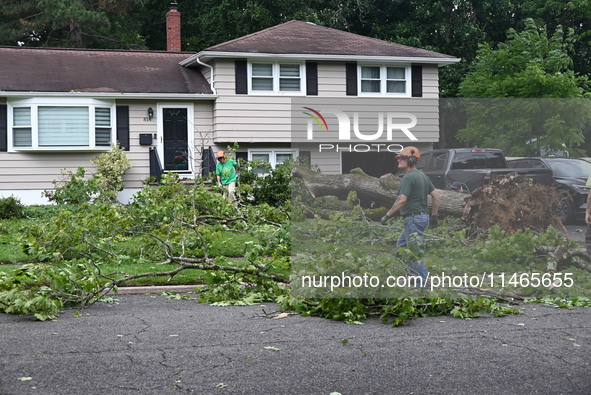 A large tree is uprooting and causing major damage to a home on Wynetta Place during severe weather impacting the northeastern United States...