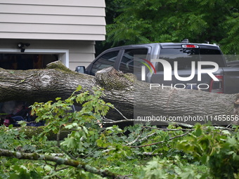 A large tree is uprooting and causing major damage to a home on Wynetta Place during severe weather impacting the northeastern United States...