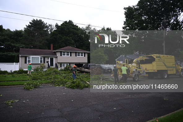 A large tree is uprooting and causing major damage to a home on Wynetta Place during severe weather impacting the northeastern United States...