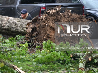 A large tree is uprooting and causing major damage to a home on Wynetta Place during severe weather impacting the northeastern United States...