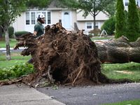 A large tree is uprooting and causing major damage to a home on Wynetta Place during severe weather impacting the northeastern United States...