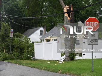 A large tree is damaging a fence, causing power lines to come down, and causing severe damage to a home during severe weather impacting the...