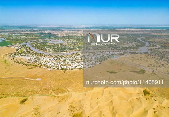 The meandering Tarim River is nourishing vegetation along its banks in the Weili section of the middle and lower reaches of the Tarim River...