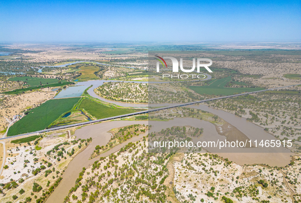 The meandering Tarim River is nourishing vegetation along its banks in the Weili section of the middle and lower reaches of the Tarim River...