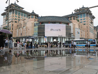 A photo is showing the Wangfujing Pedestrian Street after rain in Beijing, China, on August 10, 2024. (