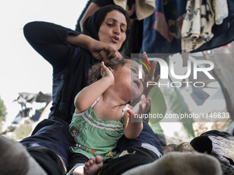 Mum brushing the hair of her daugther in Idomeni on April 6, 2016.. A plan to send back migrants from Greece to Turkey sparked demonstration...