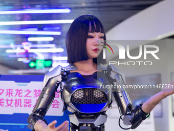 Humanoid robot Xiao Qi is having a dialogue with visitors during the event of Qixi, a traditional Chinese Valentine festival, at Long Zhi Mo...