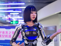 Humanoid robot Xiao Qi is having a dialogue with visitors during the event of Qixi, a traditional Chinese Valentine festival, at Long Zhi Mo...